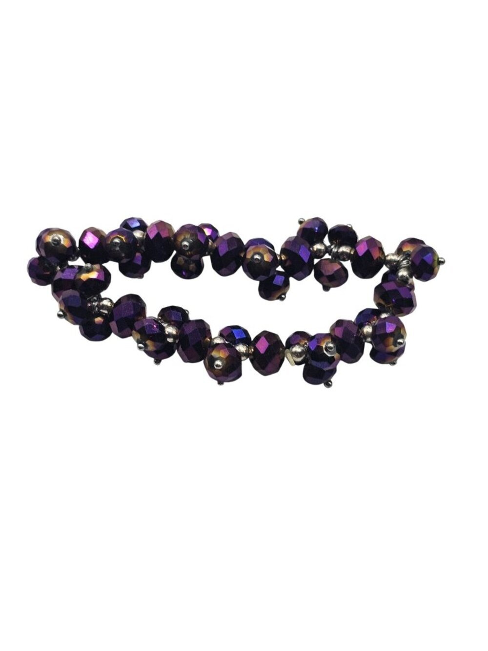 Faceted Purple Glass Bead Stretch Bracelet With Silver-Tone Accents Vintage
